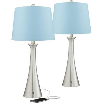 360 Lighting Karl Modern Table Lamps 27 1/2" Tall Set of 2 Brushed Nickel with USB and AC Power Outlet in Base Blue Hardback Drum Shade for Bedroom