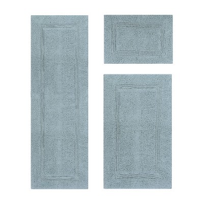 Luxurious Blue Cotton Tufted Reversible Bath Rug Set - 3 Pieces