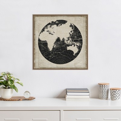 World News Map II Navy Canvas Print with Bronze Frame