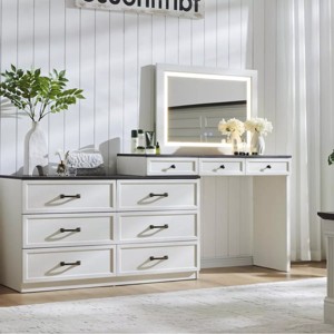 69" Vanity Tables with Glass Top & Led Mirror, Farmhouse Makeup Table with 9 Drawers, Rustic Vanity Desk for Bedroom - 1 of 4