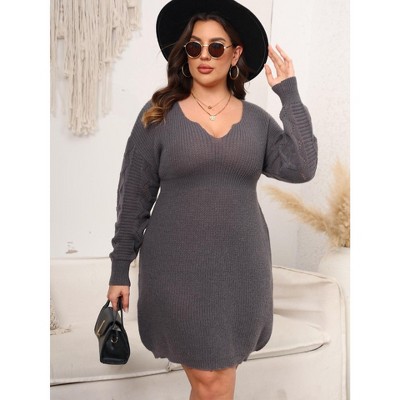 Coolmee Women Plus Size V Neck Long Sleeve High Waist Knitted Sweater Wrap Mini Dress