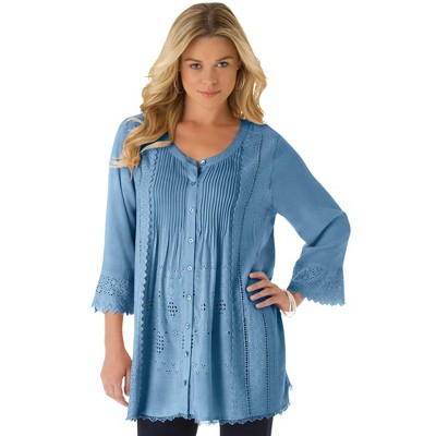 Roaman's Women's Plus Size Eyelet Big Shirt - 20 W, Blue : Target