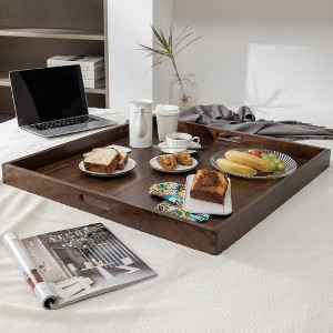 KINWELL Square Black Walnut Wood Serving Tray Ottoman Tray with Handles - 1 of 4