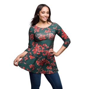 24seven Comfort Apparel Green Floral Print Three Quarter Sleeve Tunic Top - 1 of 3
