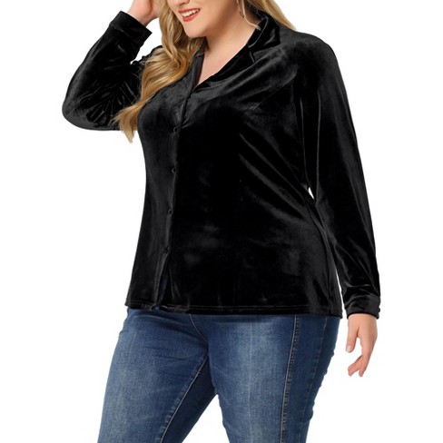 Agnes Orinda Plus Size Velvet Shirt for Women Work Lapel Long Sleeve Button  Down Shirts Black 2X