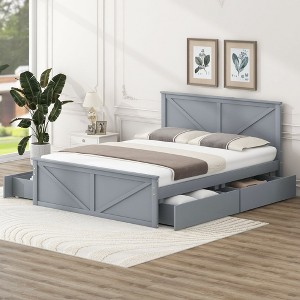 CAVINAS Platform Bed Queen Size Modern Pine Bed Frame with Headboard, Footboard and 4 Storage Drawers for Bedroom - 1 of 4