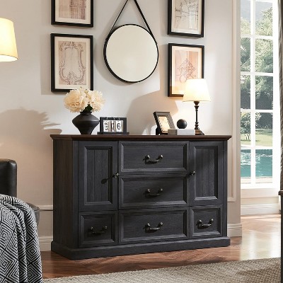 Farmhouse 5 Drawer Dresser, 47.5″ Rustic Wood Dressers Organizer with Sliding Barn Doors for Bedroom, Kitchen, Hallway