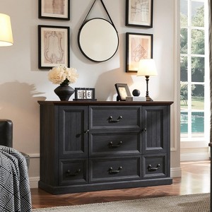 Farmhouse 5 Drawer Dresser, 47.5″ Rustic Wood Dressers Organizer with Sliding Barn Doors for Bedroom, Kitchen, Hallway - 1 of 4