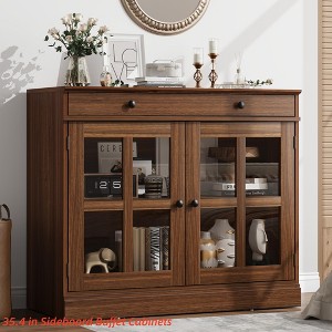 35.4 in Sideboard Buffet Cabinets w/ Glass Door, Buffet Cabinet w/ Storage, White&Brown Sideboard Cabinet w/ Drawer, Modern Buffets & Sideboards - 1 of 4