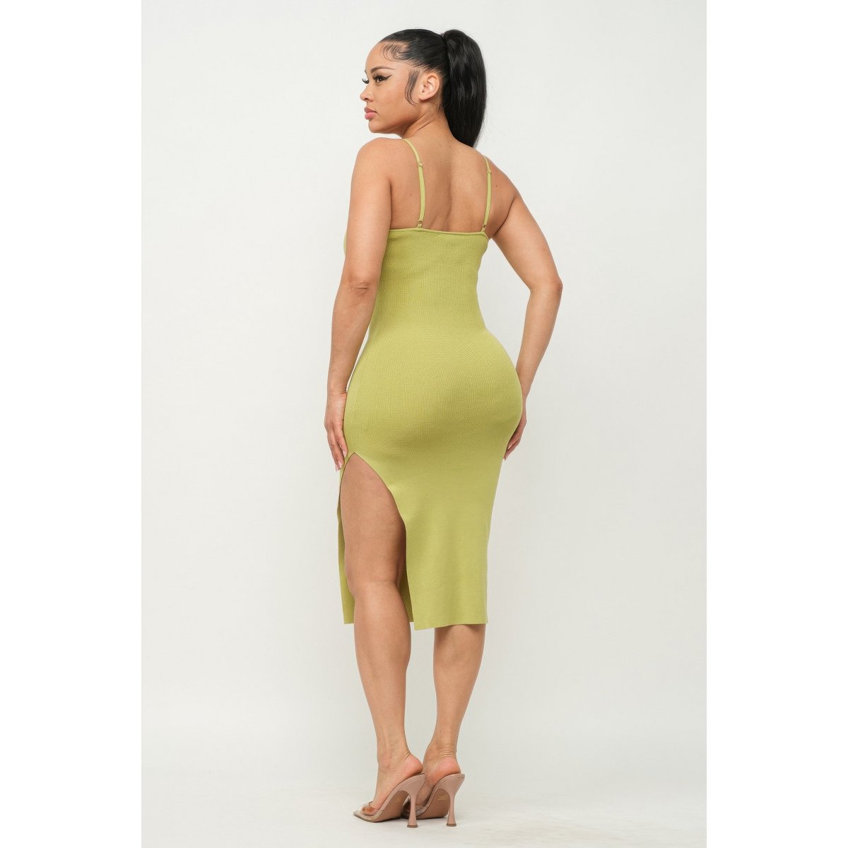 Женские платья Slickblue Bodycon Side Slit Midi Dress for Women Spaghetti Straps Cami Dress Trendy Summer Outfit, Green Bean, L — фото 2