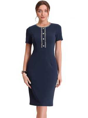 Allegra K Women's Work Business Round Neck Tweed Trim Short Sleeve Sheath Dress