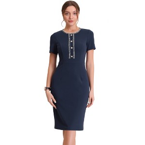 Allegra K Women's Work Business Round Neck Tweed Trim Short Sleeve Sheath Dress - 1 of 4