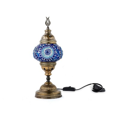 Kafthan 14.5 in. Handmade Blue Center Circle Mosaic Glass Table Lamp with Brass Color Metal Base