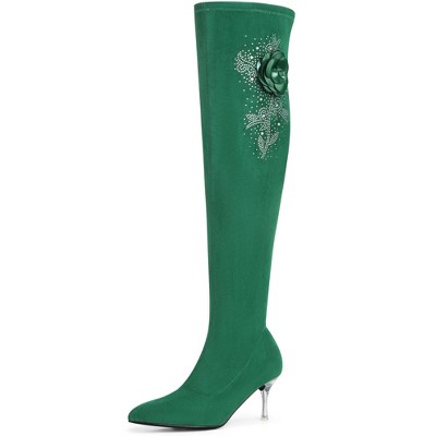 BLISSFUL STEP Women's Pointed Toe Stiletto Heel Rhinestone Flower Over the Knee High Boots