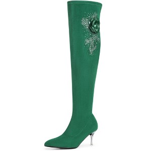 BLISSFUL STEP Women's Pointed Toe Stiletto Heel Rhinestone Flower Over the Knee High Boots - 1 of 4