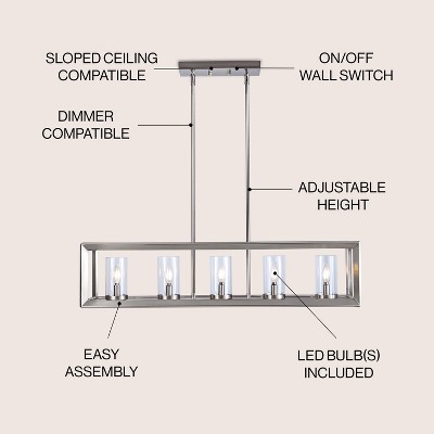 Anna 38.5" Nickel Linear 5-Light LED Glass Pendant