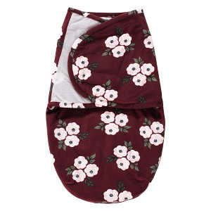 Hudson Baby Infant Girl Plush Faux Fur Swaddle Wrap, Burgundy Floral, 0-3 Months - 1 of 2