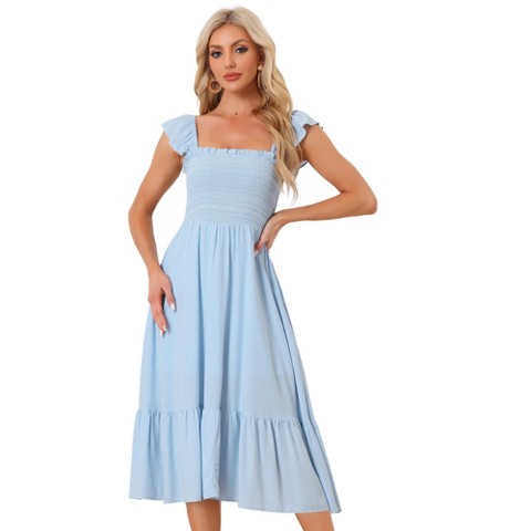 Женские платья INSPIRE CHIC Women's Boho Square Neck Ruffle Trim Flowy Smocked Midi Sundresses Large Light Blue