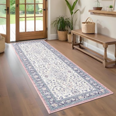 Vintage Floral Runner Rug - Washable Non-Slip Low Pile Hallway Carpet, Oriental Design Indoor Mat