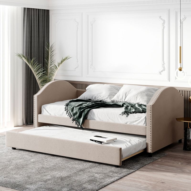 Full Size Upholstered Wood Daybed with Twin Size Trundle Bed and Wood Slat Support-ModernLuxe, 1 of 12