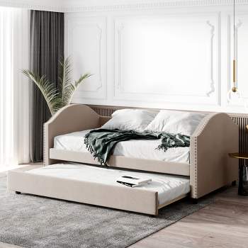 Full Size Upholstered Wood Daybed with Twin Size Trundle Bed and Wood Slat Support-ModernLuxe