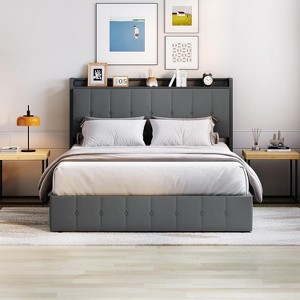 Upholstered Velvet Full Bed Frame w/ Lift-Up Storage & Lights - Storage Headboard, Charging Station, Wood Slat Support, No Box Spring - 1 of 4