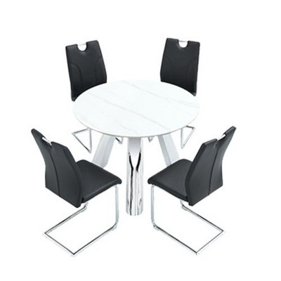 Infurnic Dining Sets Dining Table and Chair Set Mirror-polished Stainless Steel Base 4 Chairs Modern Luxury Round , Black, 42"*42"*29.5"