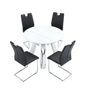 Infurnic Dining Sets Dining Table and Chair Set Mirror-polished Stainless Steel Base 4 Chairs Modern Luxury Round , Black, 42"*42"*29.5" - 1 of 4
