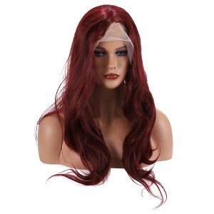 Unique Bargains Women's Beautiful Long Body Wave Lace Front Wigs 26" Wine Red 1 Pc - 1 of 4