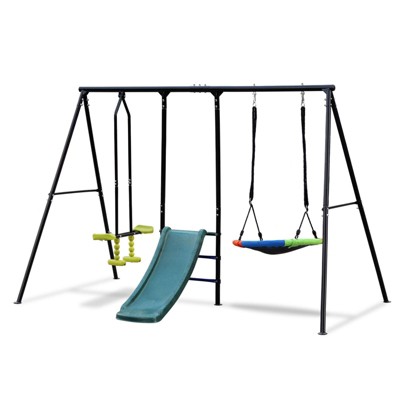 Ruvalino Playground Swings 3 in 1 Swing Set with Slide and Saucer Swing for Backyard Fun, Multicolored, 106.29"*62.99"*72.83"