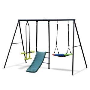 Ruvalino Playground Swings 3 in 1 Swing Set with Slide and Saucer Swing for Backyard Fun, Multicolored, 106.29"*62.99"*72.83" - 1 of 4