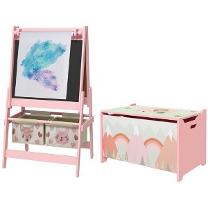 Qaba Toy Box with Lid and Kids Easel with Paper Roll, Blackboard ...