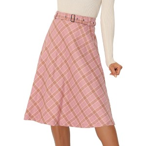 INSPIRE CHIC Women's Tartan Plaid High Waist Belted Vintage A-Line Midi Skirt - 1 of 4