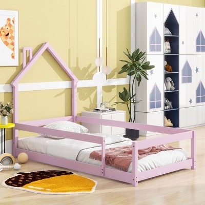 CAVINAS Twin Size Wood Montessori Bed,Modern Floor Bed with House-Shaped Headboard and Fences,Toddler Bed for Bedroom