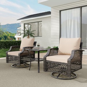 EROMMY 3 Piece Outdoor Swivel Chair Set, Wicker Patio Bistro Set With Thickened 25D Cushions And Glass Coffee Table - 1 of 4