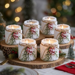 MOEPISY 6 PCS Glass Tealight Candle Holder Set with Red Berry and Pine Needles Small Tea Candleholders - 1 of 4