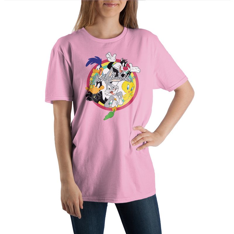 Looney Tunes Thats All Folks Mens Pink Graphic Tee, 1 of 2
