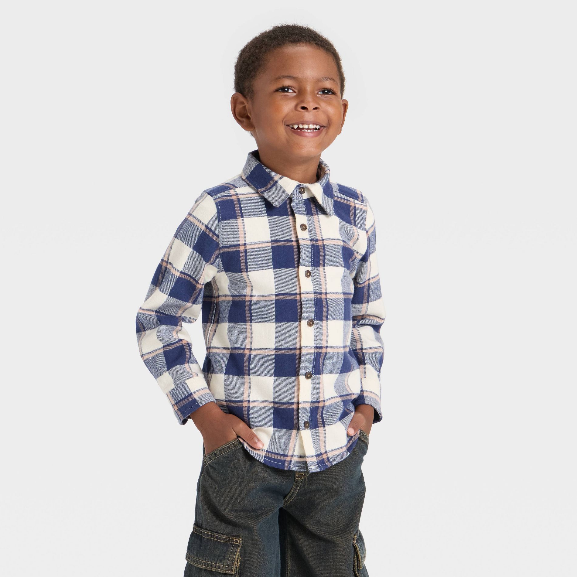 OshKosh B'gosh Toddler Boys' Long Sleeve Plaid Shirt - Navy Blue 5T