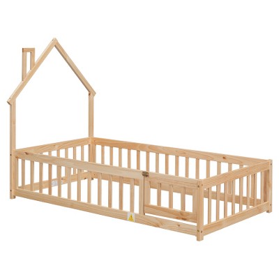 Dolonm Twin House-Shaped Headboard Floor Bed with Fence,Natural