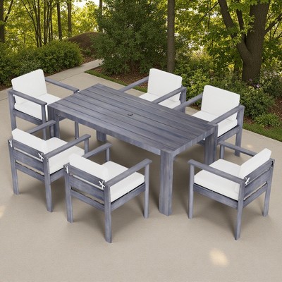 7-Piece Outdoor Patio Acacia Wood Dining Set with Umbrella Hole and 6 Cushioned Low Back Chairs