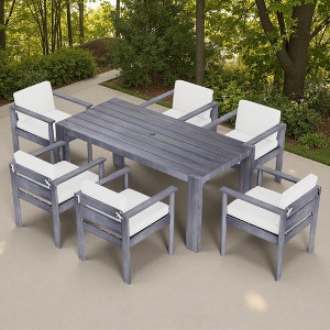 7-Piece Outdoor Patio Acacia Wood Dining Set with Umbrella Hole and 6 Cushioned Low Back Chairs - 1 of 4