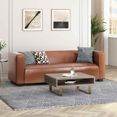 3 Seater Sofa for Living Room, Tuxedo Arm Design Sofa with Smooth Finish, Upholstered PU Leather Couch with Birch Wood Legs-Coolbibila