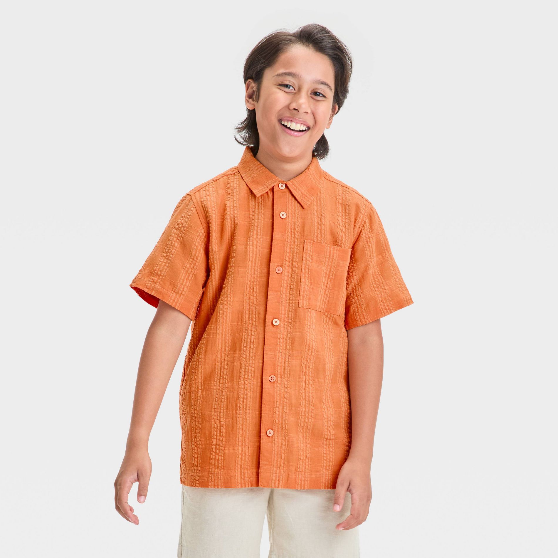 Boys' Short Sleeve Solid Seersucker Button-Down Shirt - Cat & Jack™ Coral Orange S: Cotton Rayon Blend, Lightweight, Front Pocket