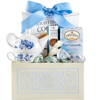 Tea press, tea, and cups Gift Basket