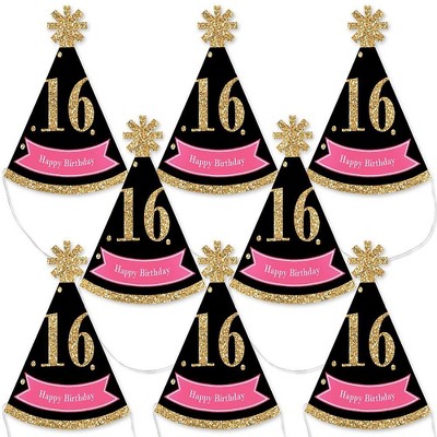 Big Dot of Happiness Chic 16th Birthday - Pink, Black and Gold - Mini Cone Birthday Party Hats - Small Little Party Hats - Set of 8