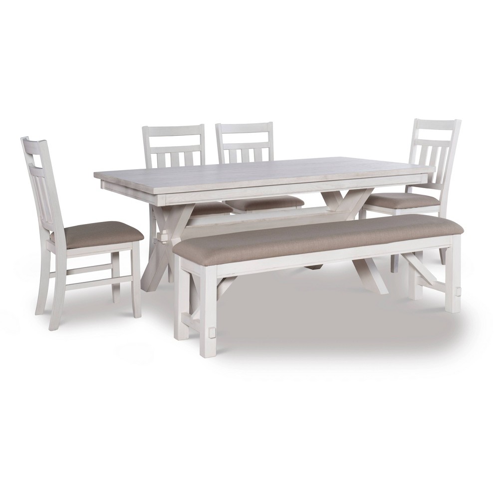 Photos - Dining Table 6pc Landon Upholstered Chairs & Bench with Large Table Dining Set White 