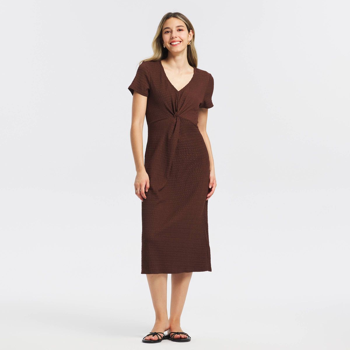 Women's Short Sleeve Textured Twist-Front Midi A-Line Dress - A New Day™