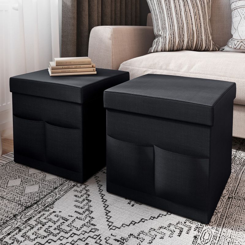 Hasting Home Set of 2 Folding Ottomans with Storage Pockets, 3 of 4