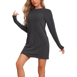 cheibear Women's Long Sleeve Crewneck Casual Sleep Dress with Chest Pocket - 1 of 4