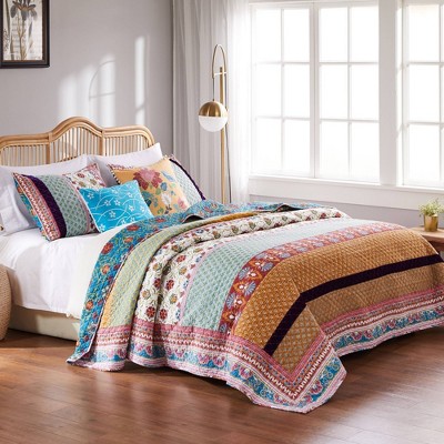 Bohemian Twin-Sized Blue Cotton Quilt Set with Velvet Embellishment